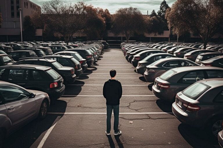 En gutt står på en overfylt parkeringsplass og kjemper med parkeringsangst.