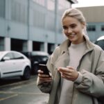 En jente smiler mens hun bruker Voids parkeringsapp.